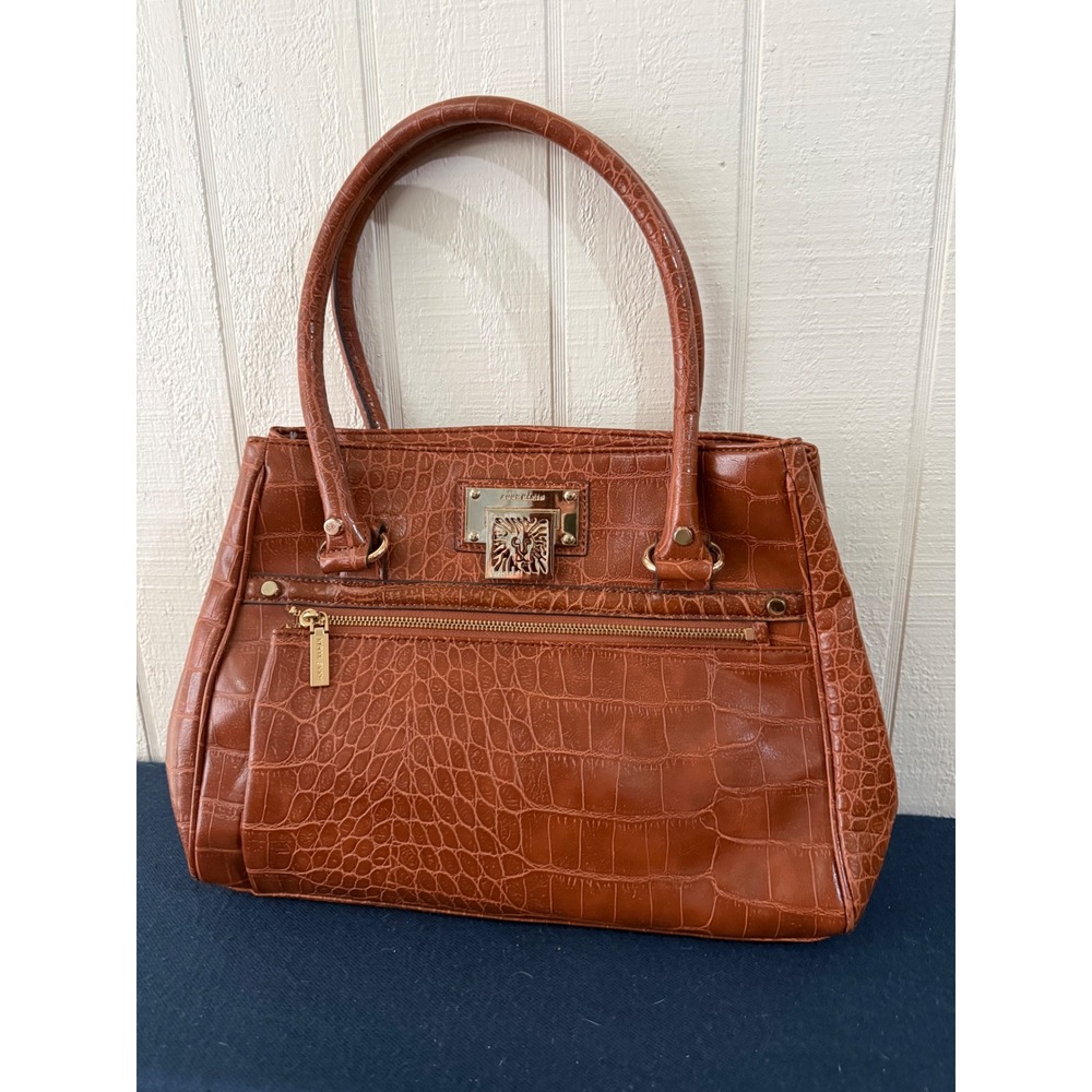 Anne Klein Cognac Brown Croc Embossed Faux Leather Satchel Handbag Gold Hardware